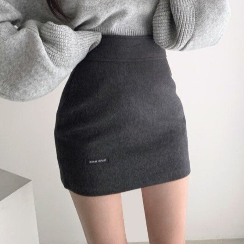 2021 New Korean Version of Pure Color Wild High Waist Bag Hip Skirt A-Line Skirt Woolen Short Skirt Tide