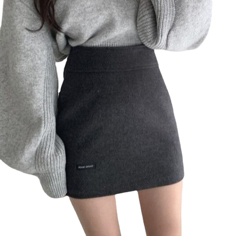 2021 New Korean Version of Pure Color Wild High Waist Bag Hip Skirt A-Line Skirt Woolen Short Skirt Tide