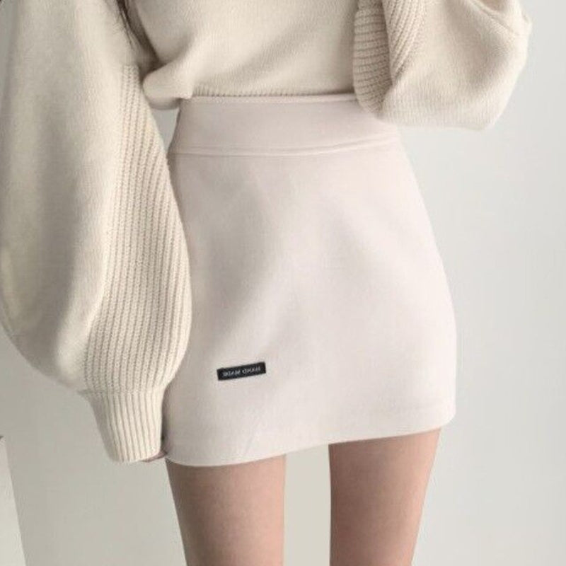 2021 New Korean Version of Pure Color Wild High Waist Bag Hip Skirt A-Line Skirt Woolen Short Skirt Tide