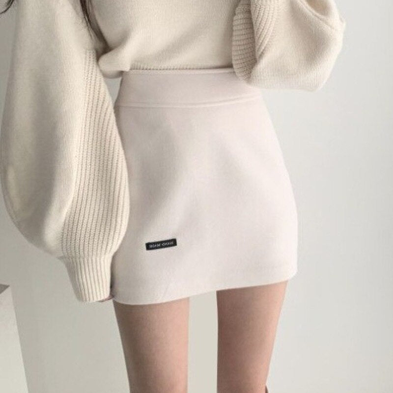 2021 New Korean Version of Pure Color Wild High Waist Bag Hip Skirt A-Line Skirt Woolen Short Skirt Tide